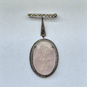 Vintage Sterling Silver Marcasite Rose Quartz Brooch